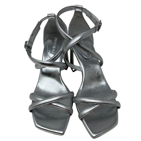 Jimmy Choo Rheea Metallic Block Heel Sandals Womens Size 37 US 7 Silver *READ - Picture 3 of 9